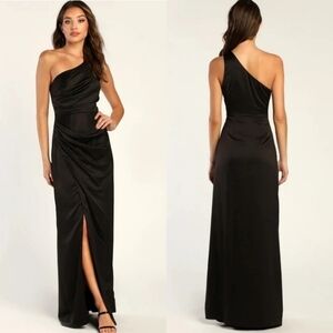 Lulus Dreaming of Elegance Black Satin One-Shoulder Maxi Dress Wedding Party